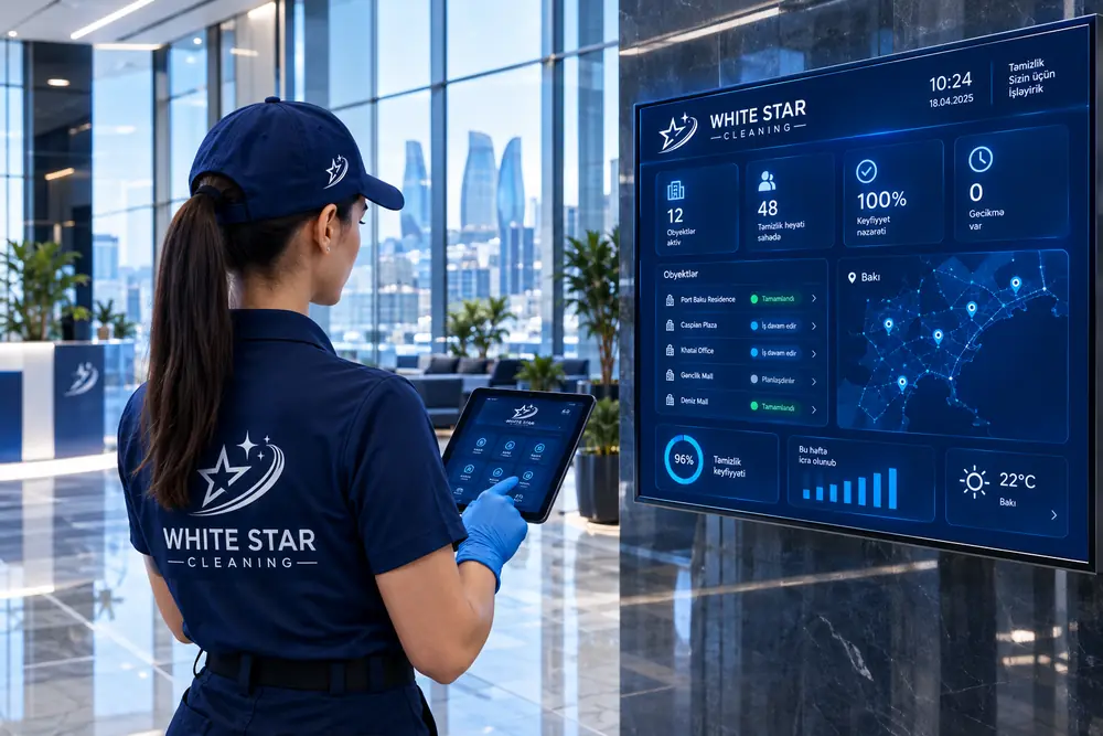 Müasir ofisdə White Star Cleaning əməkdaşı və onlayn nəzarət paneli