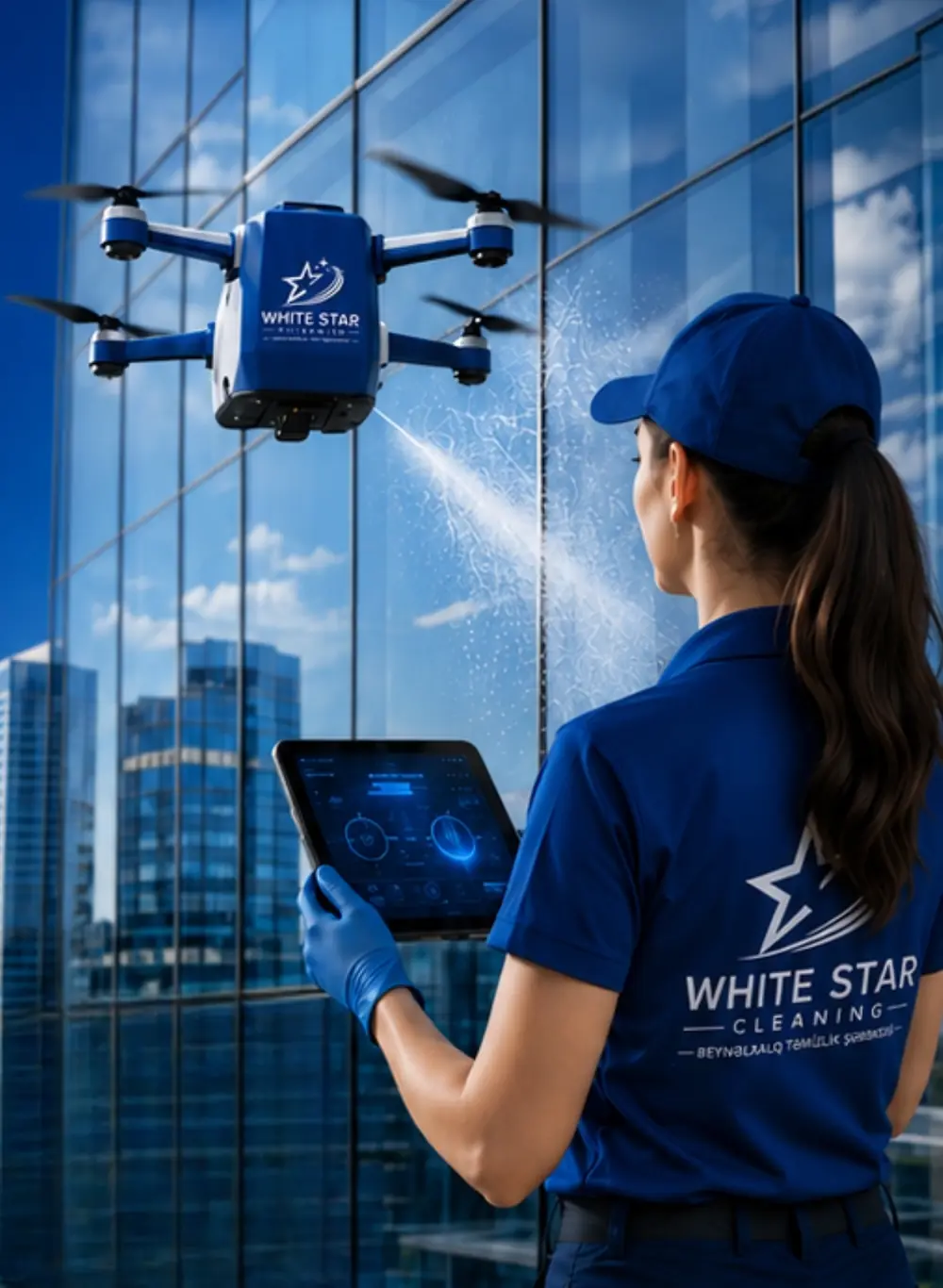 Hündür binanın şüşə fasadını təmizləyən White Star dronu